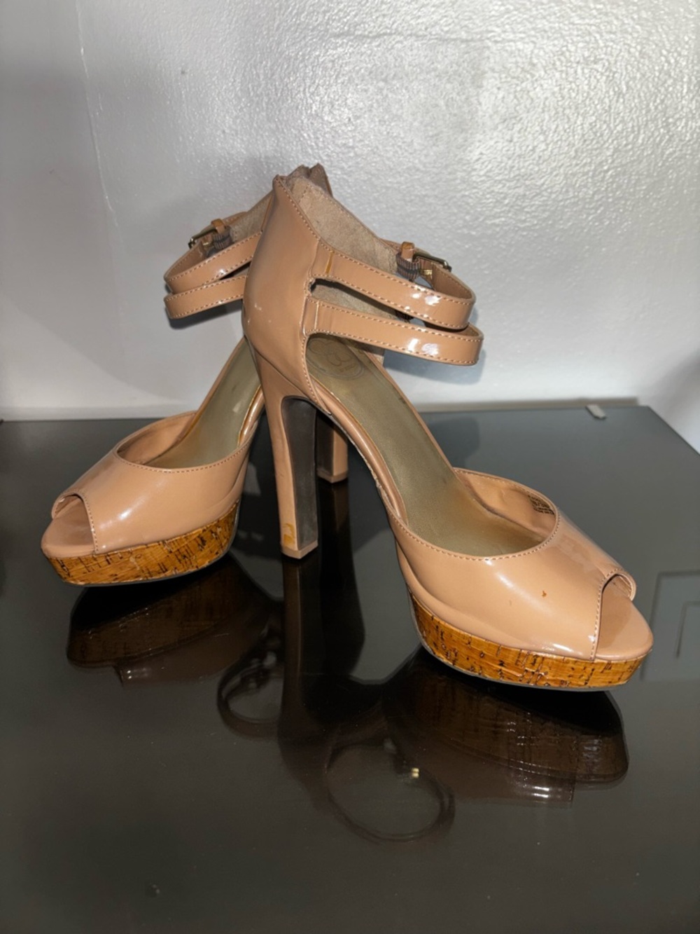 Jessica Simpson Nude Patent Peep-Toe Platform Heels with Double Ankle Strap